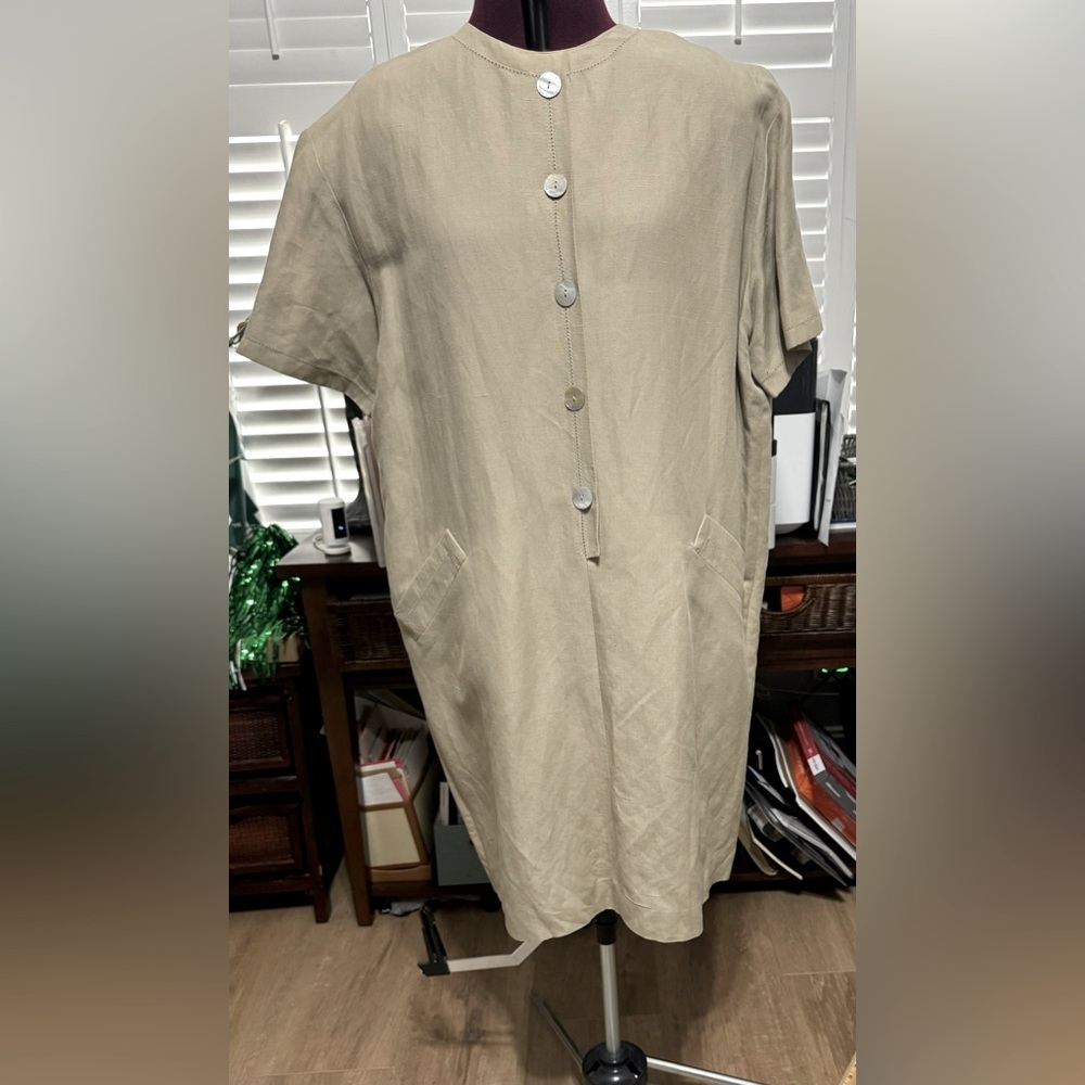 Taupe Linen Button-front Short Sleeve Dress